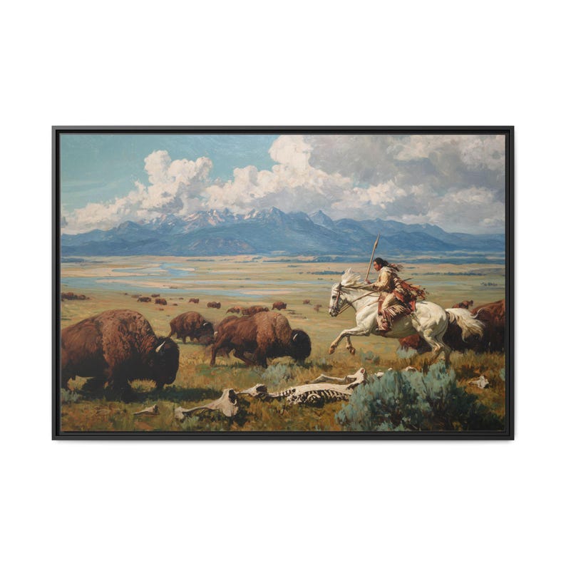 Bison Herd & Rider on White Horse, Western Oil Painting Style Framed ...