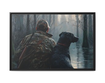 Black Lab Hunter Canvas Print – Framed Oil Painting Style Lodge Decor
