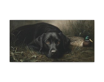 Black Lab & Duck Canvas Print – Rustic Hunting Dog Wall Art