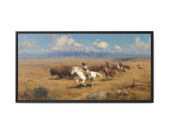 Buffalo Hunt Western Landscape, Oil Painting Style Framed Canvas Print, Riders on Horseback Prairie & Mountain Wall Art, Cowboy Decor