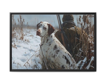 Pointer Dog Hunting Scene Framed Canvas Print – Rustic Cabin Decor