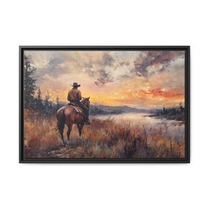 Cowboy at Sunset Framed Canvas Print: Western Ranch Wall Art