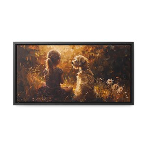 Obraz na płótnie w ramie „Dziewczynka i pies”: styl malarstwa olejnego, wystrój pokoju dziecięcego zdjęcie 7