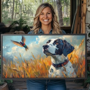 Pointer Dog and Pheasant, Framed Wrapped Canvas Print, Oil Painting Style, Bird Hunt Print, Hanging Wall Art, Rustic Hunting Lodge Decor