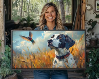 Pointer Dog and Pheasant Canvas Print: Rustic Hunting Lodge Wall Art