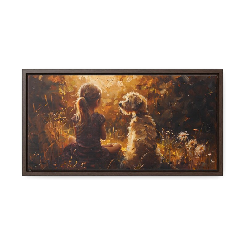 Obraz na płótnie w ramie „Dziewczynka i pies”: styl malarstwa olejnego, wystrój pokoju dziecięcego zdjęcie 8