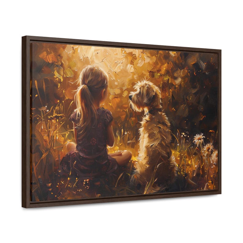 Obraz na płótnie w ramie „Dziewczynka i pies”: styl malarstwa olejnego, wystrój pokoju dziecięcego zdjęcie 4