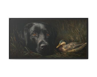 Black Lab & Mallard Duck Framed Canvas Print – Rustic Wildlife Art