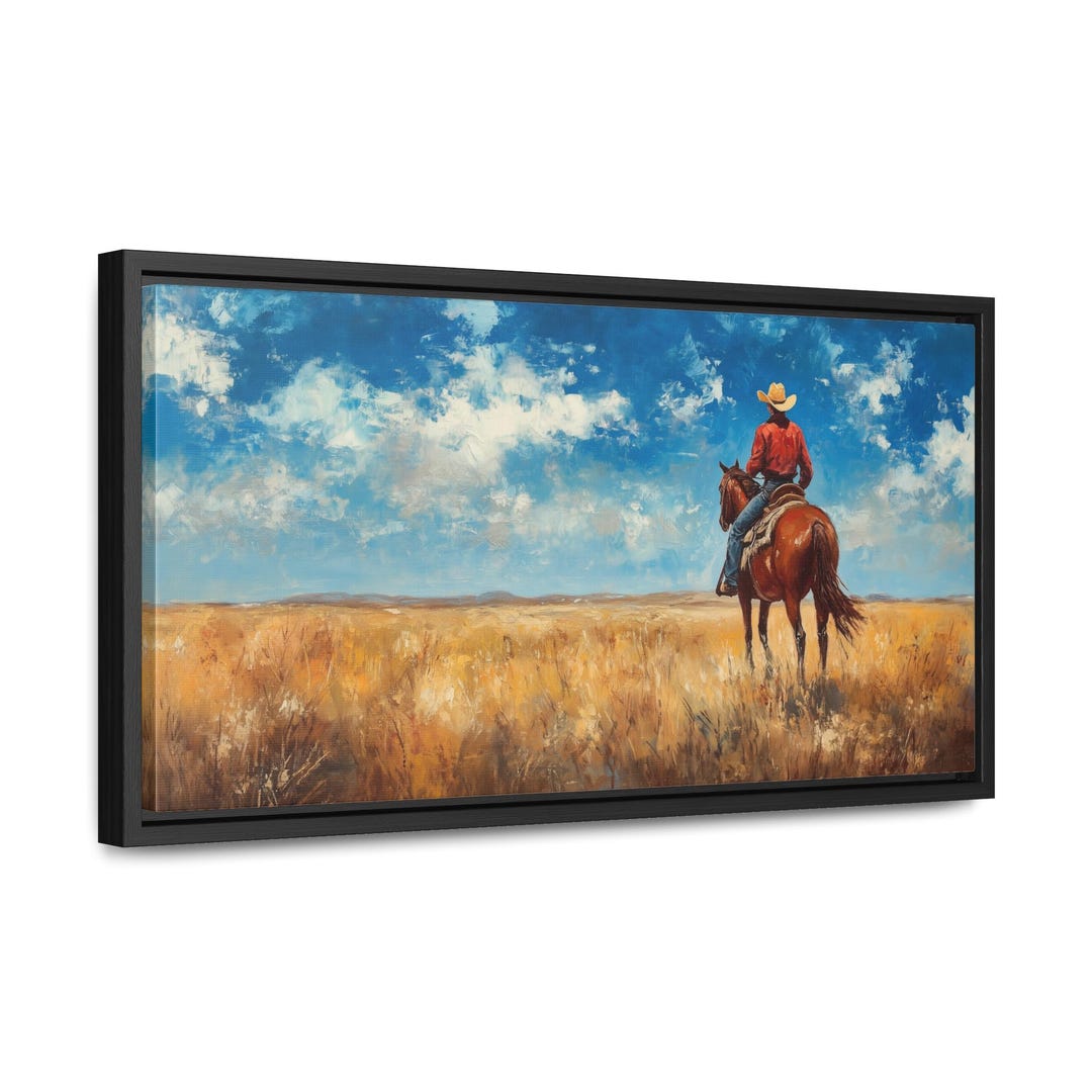Cowboy on Horse Framed Canvas Print: Prairie Landscape Western Wall Art ...
