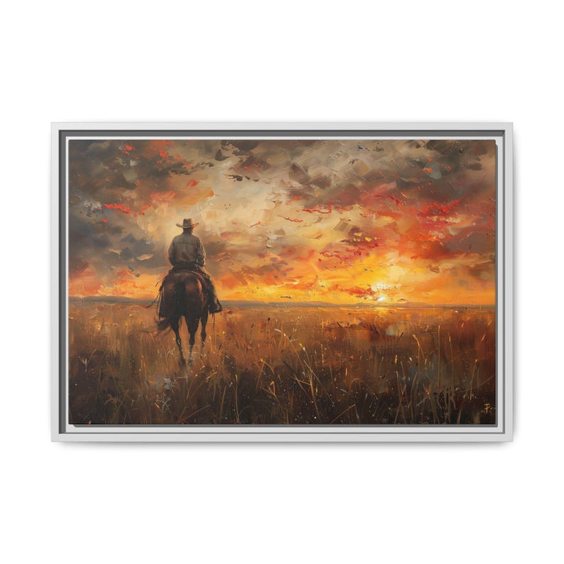 Cowboy at Sunset Framed Canvas Print: Western Ranch Wall Art - Etsy