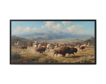 Buffalo Hunt Panorama, Western Oil Painting Style Framed Canvas Print, Riders on Horseback Mountain Prairie Rustic Wall Art, Cowboy Artwork