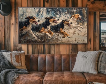 Hunting Dogs Canvas Print: Leaping Hounds, Rustic Lodge Wall Art