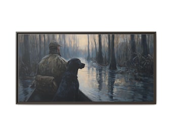 Black Lab Hunter Canvas Print - Framed Oil Painting Style Rustic Cabin Decor