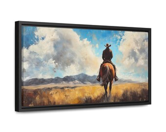 Impresión en lienzo enmarcada de vaquero a caballo: arte de pared de rancho del oeste