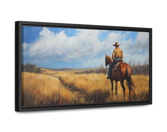 Impresión en lienzo enmarcada de vaquero a caballo: arte de pared de rancho del oeste