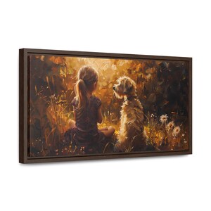 Obraz na płótnie w ramie „Dziewczynka i pies”: styl malarstwa olejnego, wystrój pokoju dziecięcego zdjęcie 2