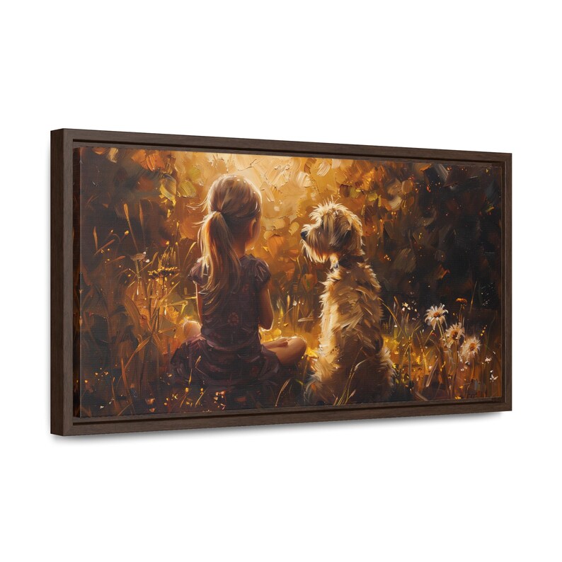 Obraz na płótnie w ramie „Dziewczynka i pies”: styl malarstwa olejnego, wystrój pokoju dziecięcego zdjęcie 2
