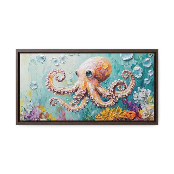 カラフルなタコのキャンバスアート：額入り油絵風プリント - Etsy 日本