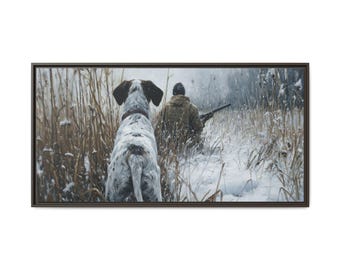 Bird Dog Hunting Canvas Print - Framed Winter Scene, Lodge Decor