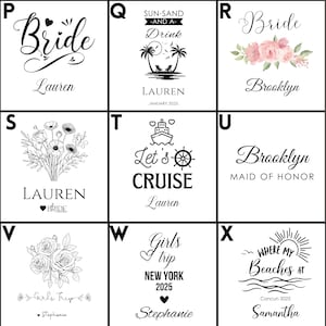 May include: A grid of nine square white tiles featuring black printed designs and text. The designs include floral illustrations, beach scenes, cruise ship icons, and personalized names such as Lauren, Brooklyn, and Samantha in various fonts.