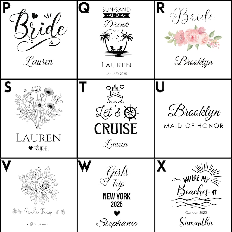 May include: A grid of nine square white tiles featuring black printed designs and text. The designs include floral illustrations, beach scenes, cruise ship icons, and personalized names such as Lauren, Brooklyn, and Samantha in various fonts.