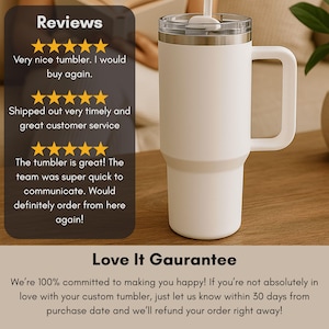 May include: A matte white stainless steel tumbler with a large side handle and a clear lid. The image includes text displaying customer reviews with five-star ratings and a Love It Guarantee policy regarding refunds within 30 days of purchase.