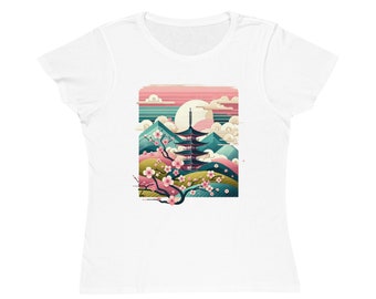 Japanese Cute Pagoda Organic Women T-Shirt Cool Special Occasion Cherry Blossom Design Birthday Gift Japan Culture Eco-Friendly Gift Idea