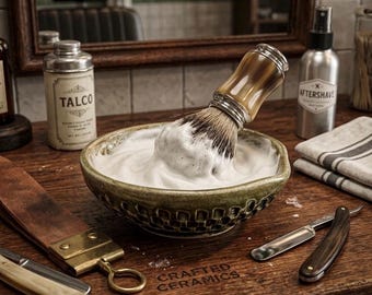 Handgemaakte keramische scheerkom, mosgroene handgemaakte scheerkom met interne spiraal, scheercadeau voor mannen, 14 cm