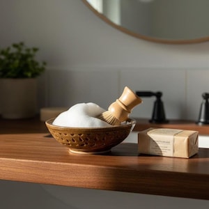 Può includere: Una ciotola da barba in ceramica marrone con un motivo esterno testurizzato contenente schiuma da barba bianca e un pennello da barba in legno. Accanto alla ciotola si trova una saponetta rettangolare avvolta in carta marrone con l'etichetta "BEFITE BEARD".
