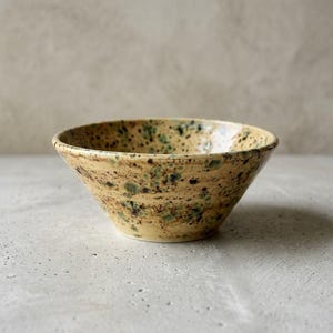 Puede incluir: Un cuenco de cerámica redondo con una abertura ancha y una base cónica. Las superficies interior y exterior presentan un color base tostado claro con un patrón denso de motas de color marrón oscuro y verde apagado por toda la superficie.