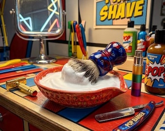 Ciotola da Barba in Ceramica Fatta a Mano al Tornio, Shaving Bowl Rossa Pop Art, Accessori Rasatura Tradizionale, Idea Regalo Uomo Artigiana