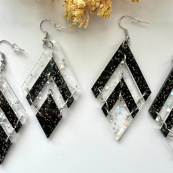 Acrylic triangle chandelier earrings, black and clear sparkle, great gift for mother, daughter, lightweight stylish jewelry