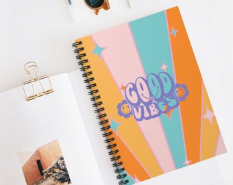 Retro Spiral Notebook Vintage 70s Aesthetic Good Vibes Journal gift for teen Colorful self care journal gift for her gift bag ideas