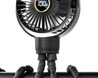 Ventilateur alimenté par batterie pour poussette, trépied rechargeable à 3 vitesses avec rotation à 360 degrés, ventilateur portable silencieux avec LED 3,5 pouces