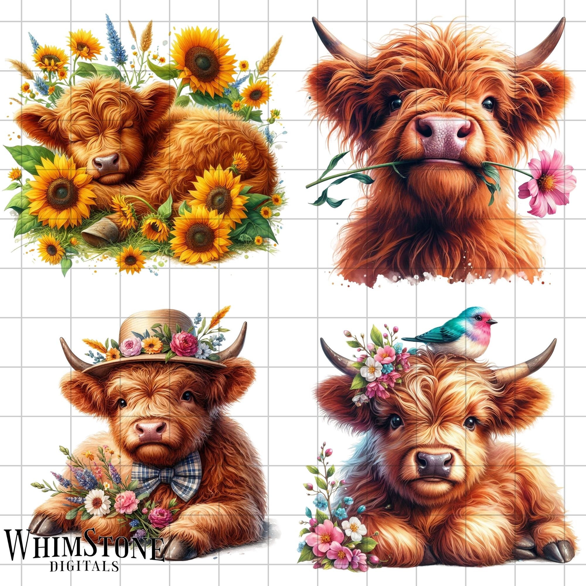 Baby Highland Cow Clipart Bundle, Watercolor Highland Pngs, Floral Cow ...