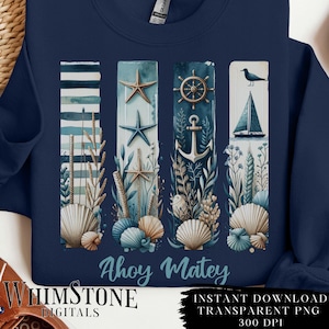 Ahoy Matey Nautical Collage PNG, Clipart Nautico Coastal Beachy Starfish Stripes, Sublimazione Pennellate, Uso Commerciale Download Digitale