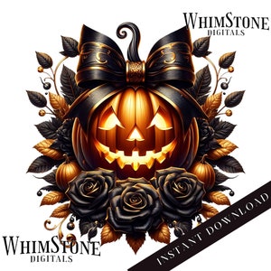 Gothic Kürbis PNG, Jack-o-Lantern dtf Design, Jackolantern mit schwarzen Rosen Clipart, Sublimation, kommerzielle Nutzung, nur digitaler Download