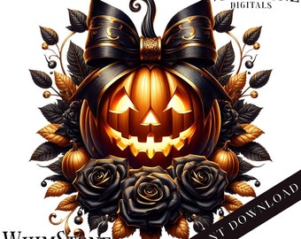 Gothic Pumpkin PNG, Jack-o-lantern dtf design,  Jackolantern with Black Roses Clipart, Sublimation, Commercial Use, Digital Download Only