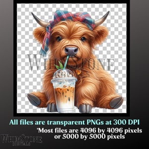 K&ouml;nnte beinhalten: Eine Illustration eines flauschigen braunen Hochlandrindes mit einem rot-blauen karierten Kopftuch, das einen Eiskaffee aus einem durchsichtigen Plastikbecher mit Strohhalm trinkt. Der Text WHIMSTONE DIGITALS liegt &uuml;ber dem Brustbereich des Rindes.