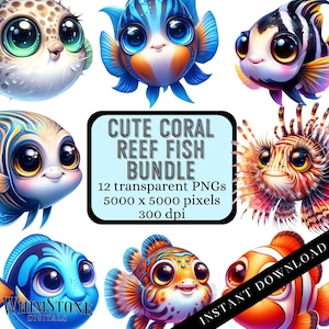 Lindo paquete de imágenes prediseñadas de peces de arrecife de coral, imágenes prediseñadas de peces adorables, PNG, imágenes prediseñadas de vivero, uso comercial, descarga digital