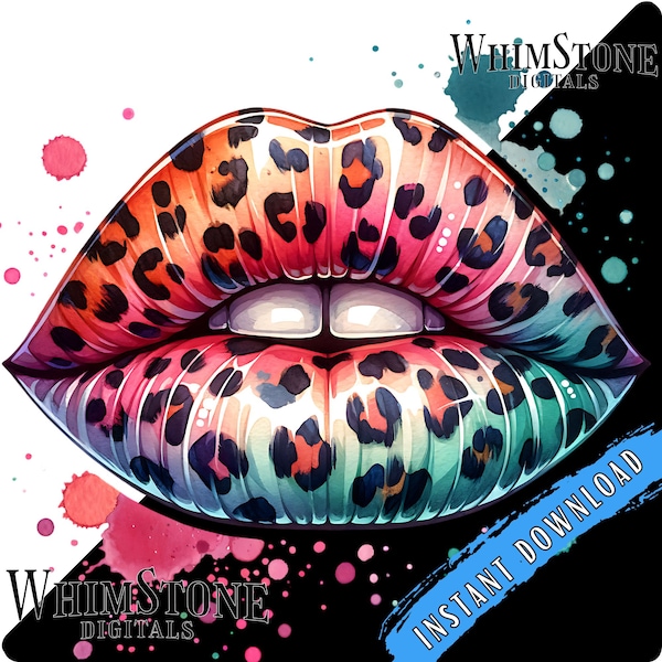 Watercolor Leopard Print Lips PNG, Artistic Lips dtf, Watercolor Sublimation, Leopard Print Clipart, Commercial Use, Digital Download