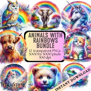 Dieren met regenbogen clipartbundel, kleurrijke dieren png-bundel, fantasie png's, leuke kinderkamerkunst, commercieel gebruik, digitale download