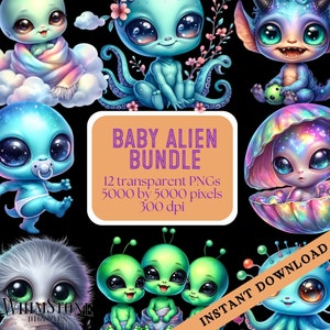 Lindo paquete de imágenes prediseñadas de alienígena para bebés, Paquete PNG de bebés alienígenas, Archivos de arte divertidos para guardería, Uso comercial, Descarga digital