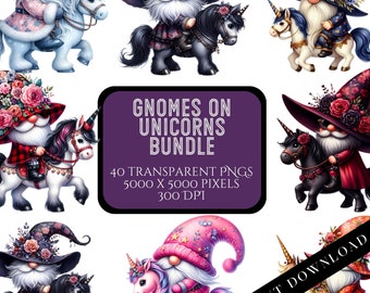Gnomes on Unicorns Clipart Bundle, Gnomes Riding Unicorns PNG Bundle, Cute Gnome PNGs, Nursery Art Files, Commercial Use, Digital Download