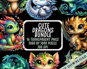 Könnte beinhalten: Ein digitales Kunstpaket mit mehreren entzückenden Cartoon-Drachen in verschiedenen Farben, darunter Grün, Blau, Gold und Weiß. Das Bild enthält den Text "CUTE DRAGONS BUNDLE" und Details zu den PNG-Dateien.
