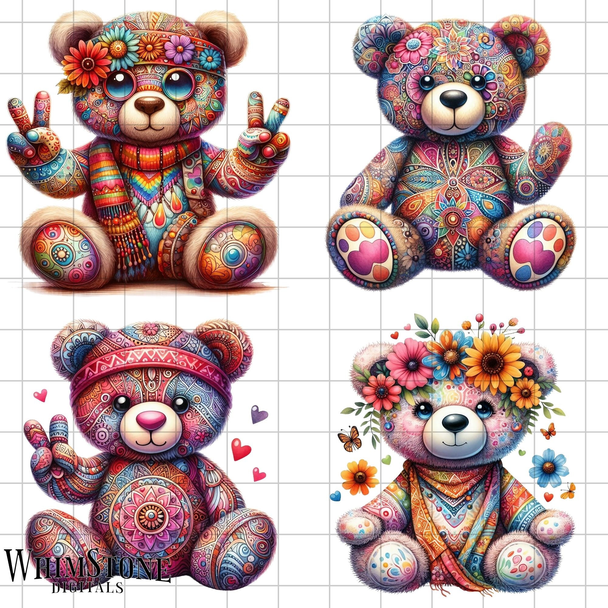Watercolor Hippie Teddy Bear Clipart Bundle, 60s Hippie Clipart, Floral ...