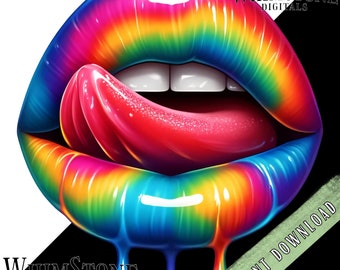 Rainbow Tie-Dye Lips PNG, kiss lips DTF, Dripping lip clipart, Licking Lips Sublimation, Colors Oozing, Commercial Use, Digital Download