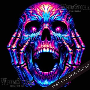 May include: A neon blue and pink skull with a wide open mouth and glowing eyes. The skull is surrounded by two skeletal hands, also in neon blue and pink.