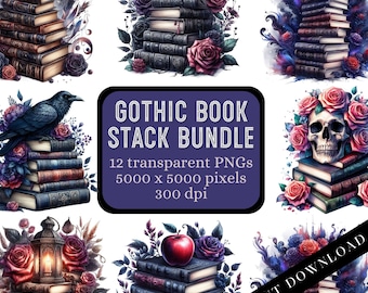 May include: A digital art bundle showcasing gothic book stacks adorned with roses, ravens, and skulls. The image includes the text "GOTHIC BOOK STACK BUNDLE" and details about the PNG files, including "12 transparent PNGs 5000 x 5000 pixels 300 dpi".