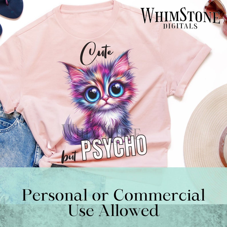 Pode incluir: Camiseta rosa com um gato de desenho animado colorido e o texto "Cute but Psycho".